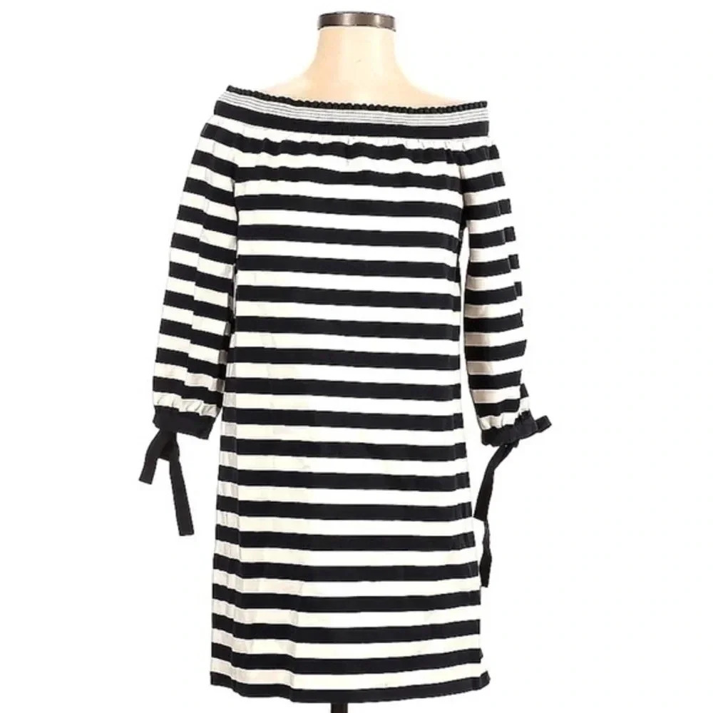 J. Crew Striped Off The Shoulders Navy Muslin Dress Size S Small Bow Tie - Picture 3 of 8